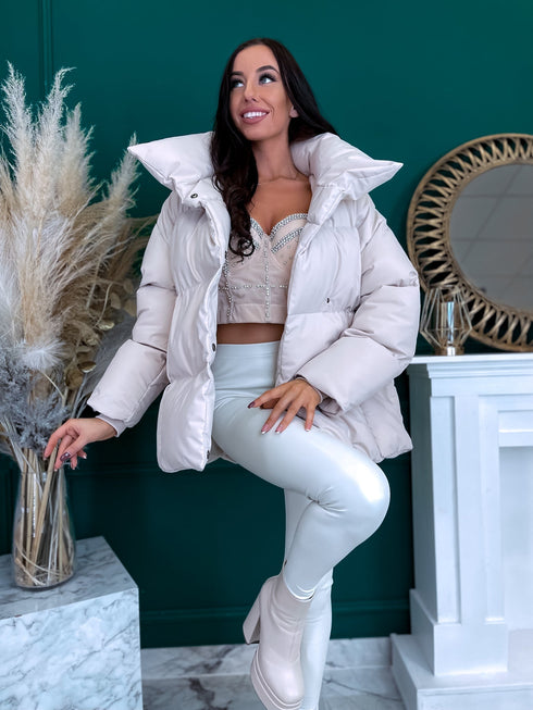 Puffy, short jacket with tie belt - light beige